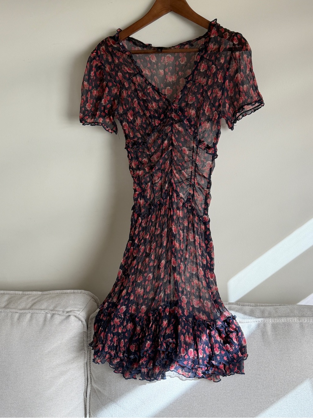 Black & Red Floral Sheer Ruffled V-Neck Midi Dress